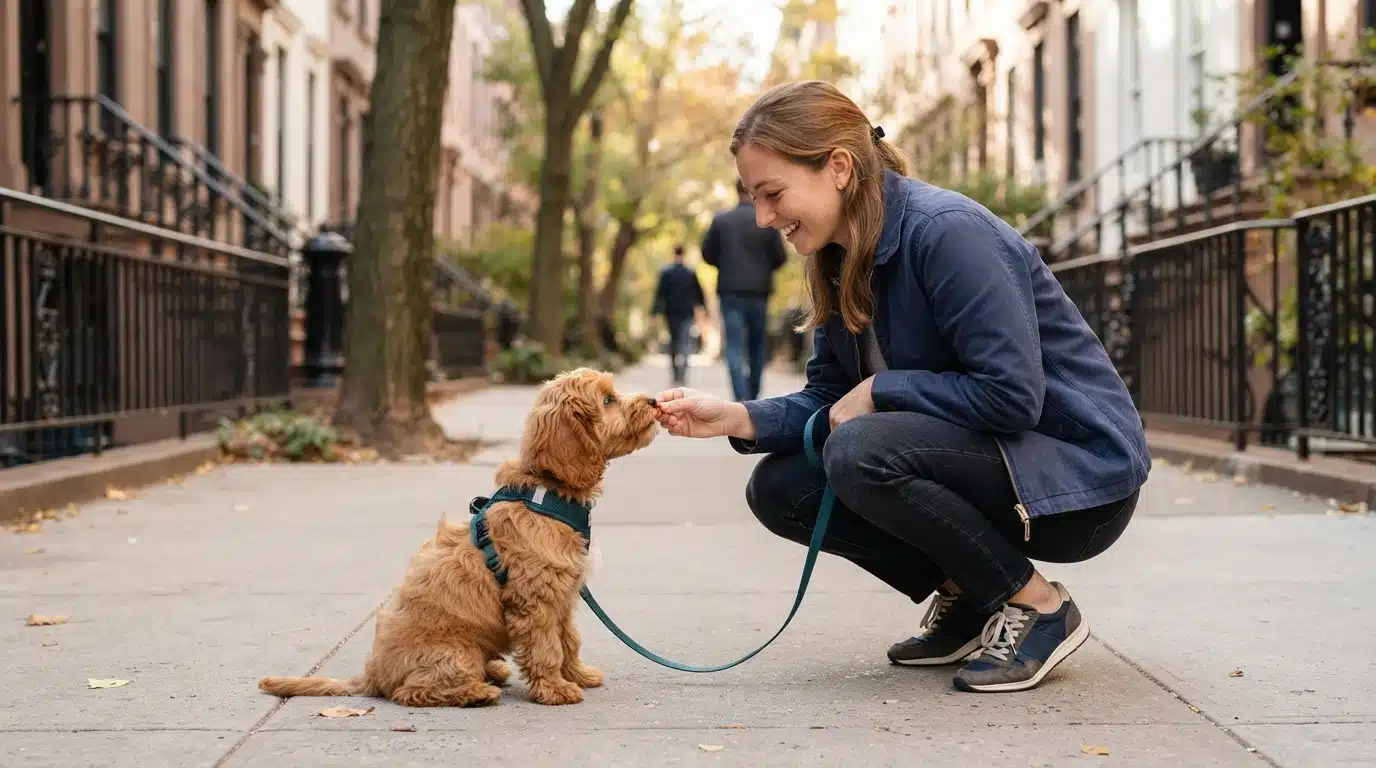 Owner rewarding puppy on city sidewalk