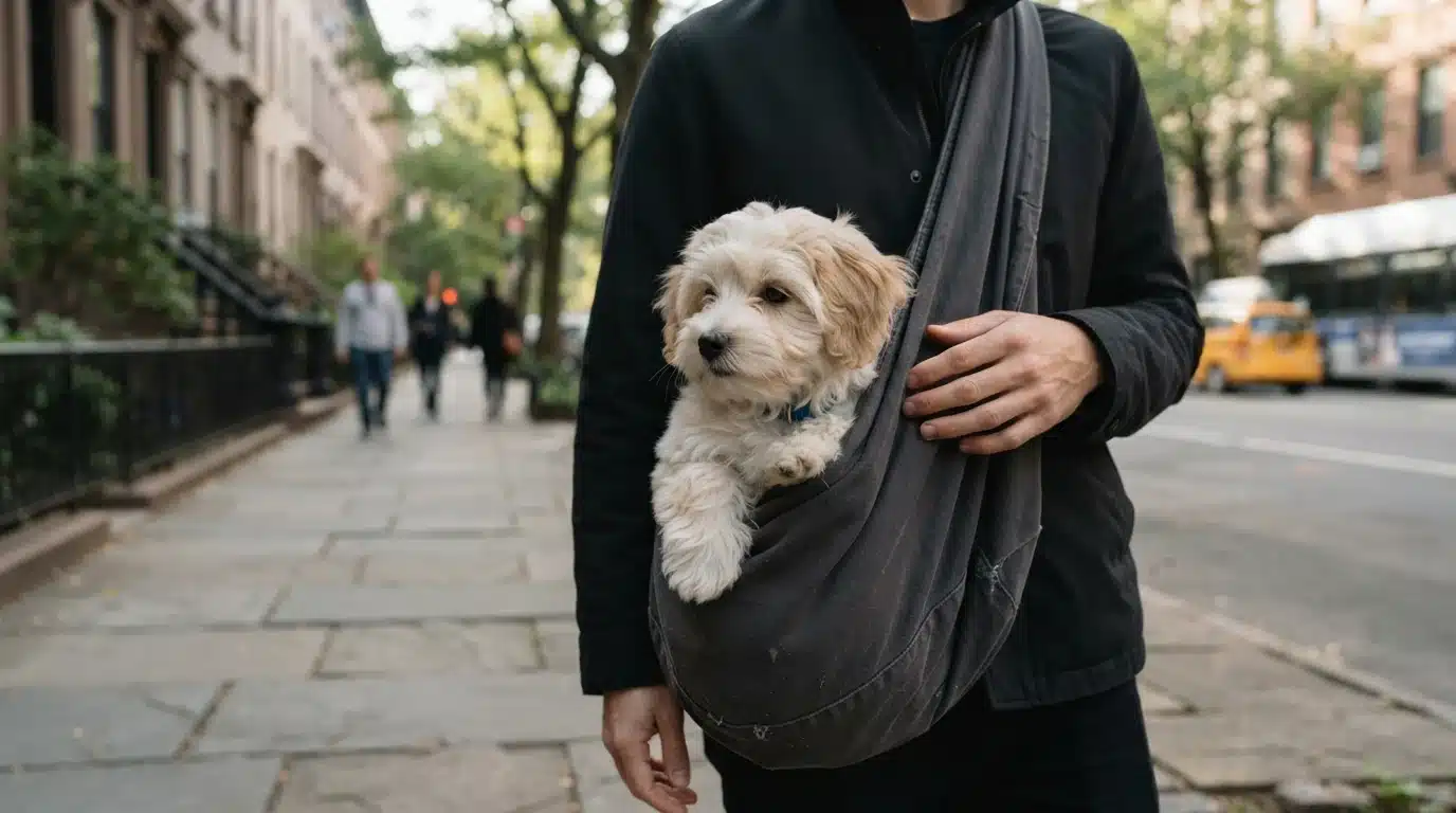 Havanese puppy watching city life safely