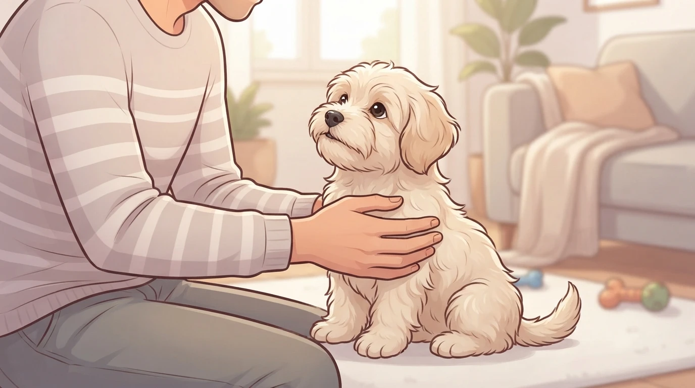 Gentle hands holding a Havanese puppy