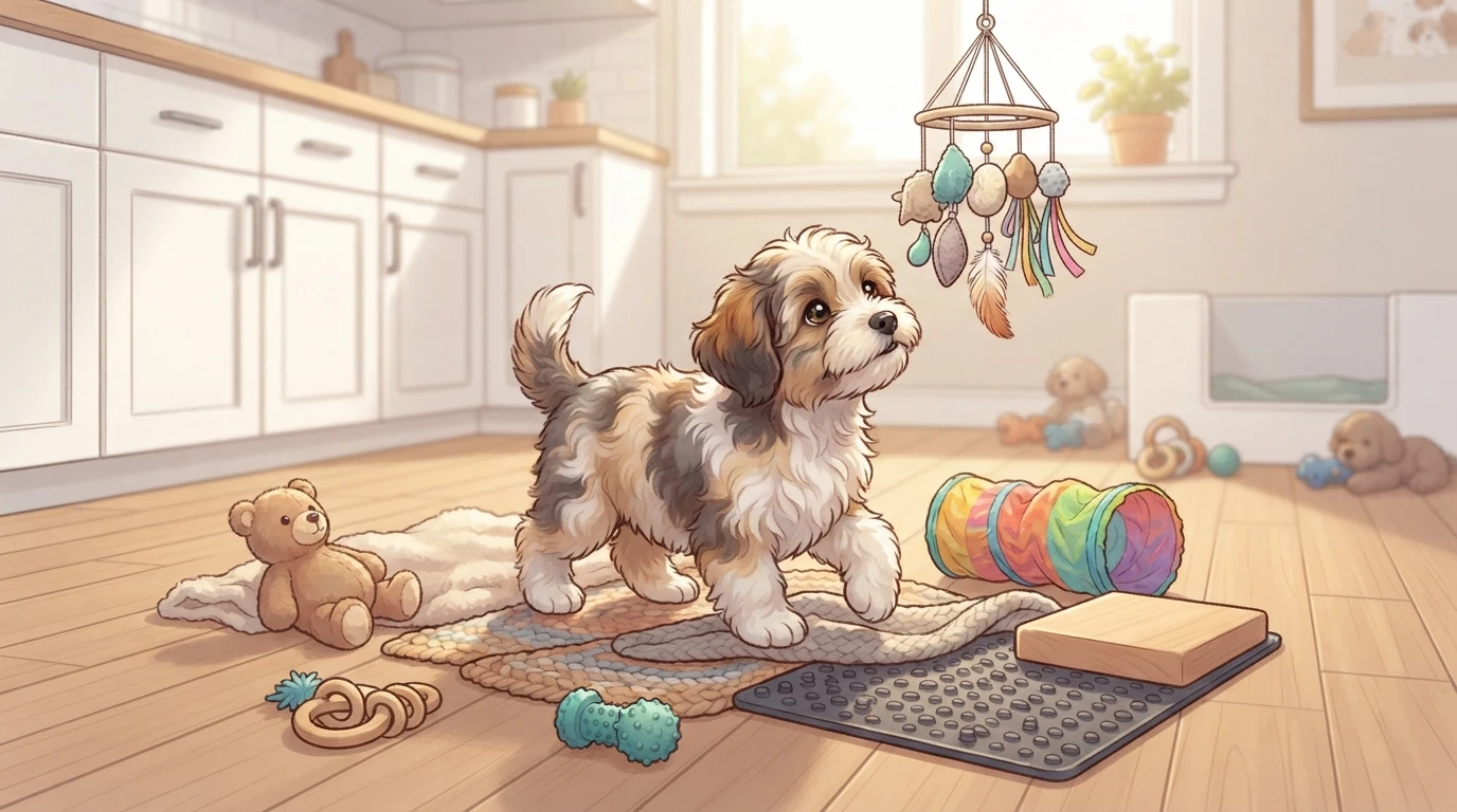 Havanese puppy exploring textures on kitchen floor