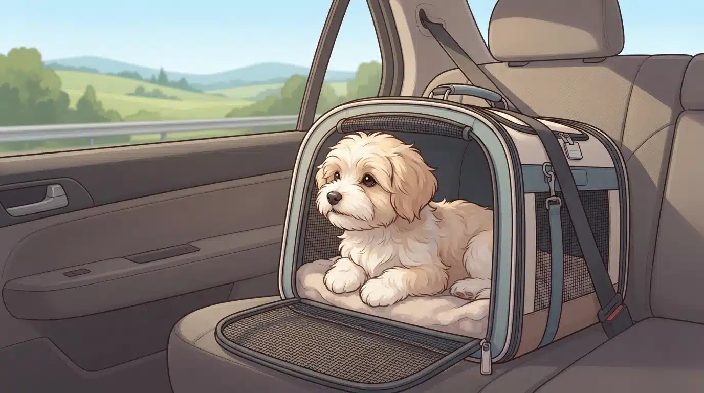 Havanese puppy resting in travel carrier