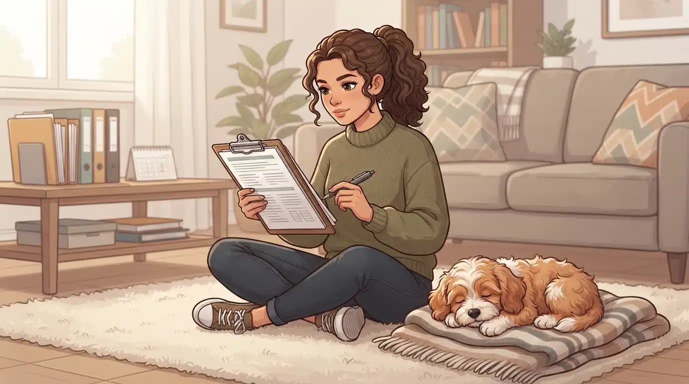 Cassie reviews puppy notes beside a puppy