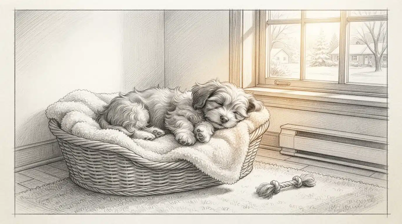 Small puppy resting on cozy blanket