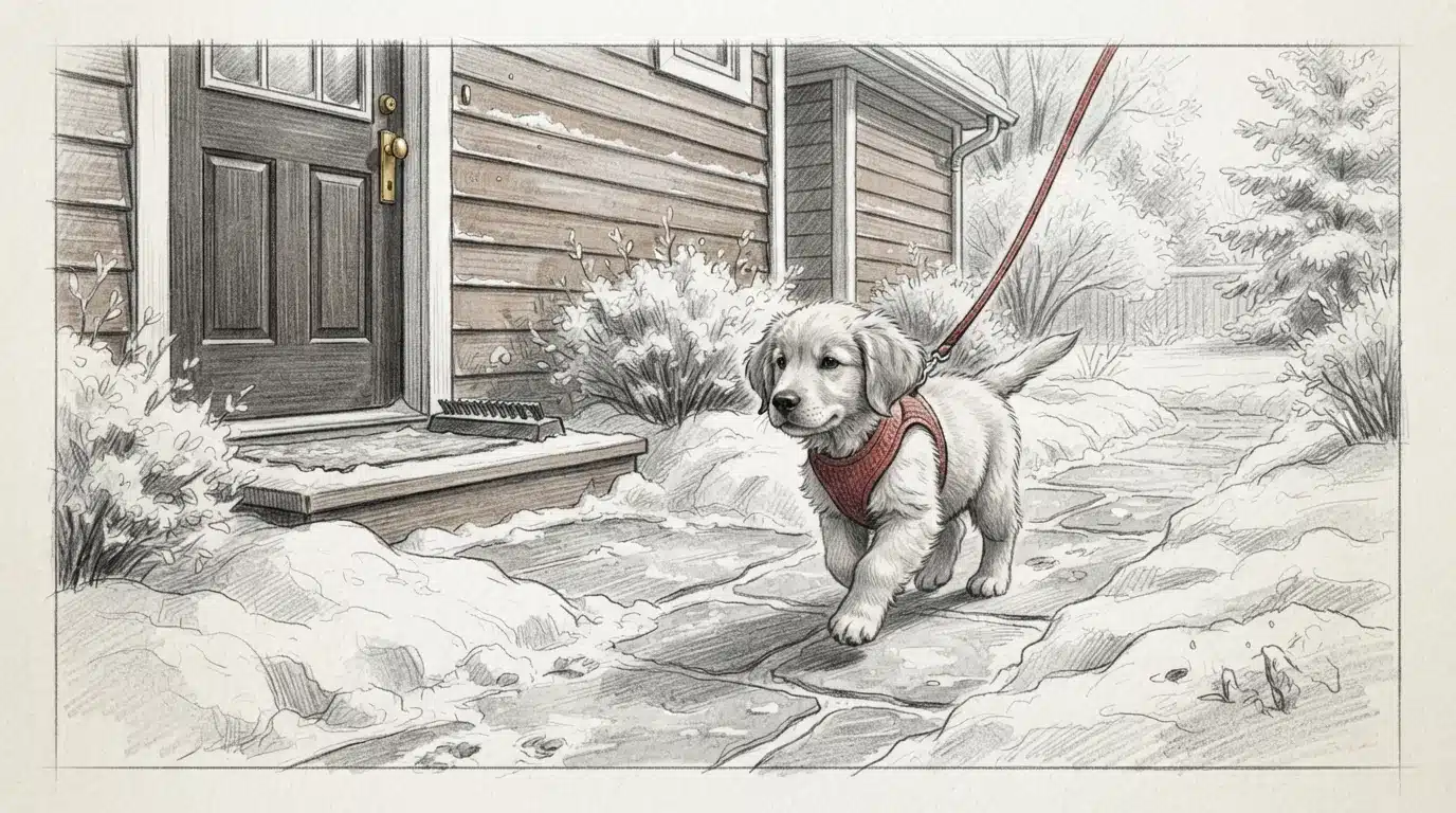Puppy walking on shoveled snowy path