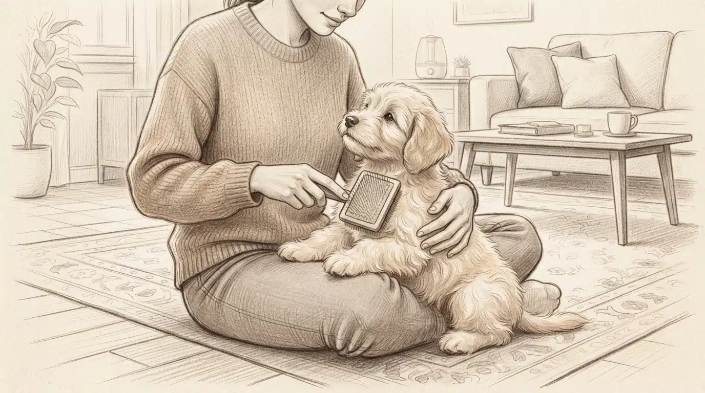 Person brushing fluffy puppy with slicker