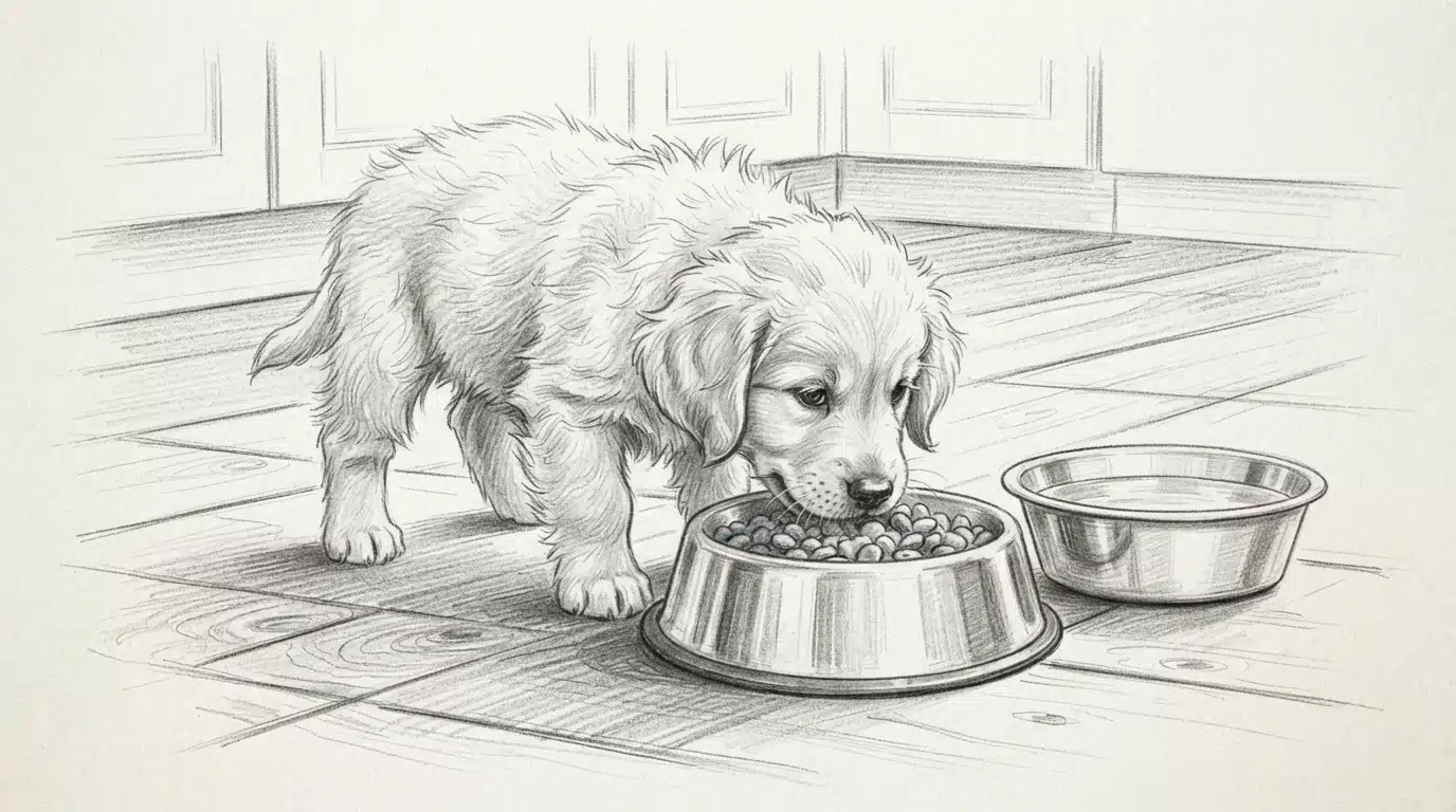 Fluffy puppy eating from metal bowls