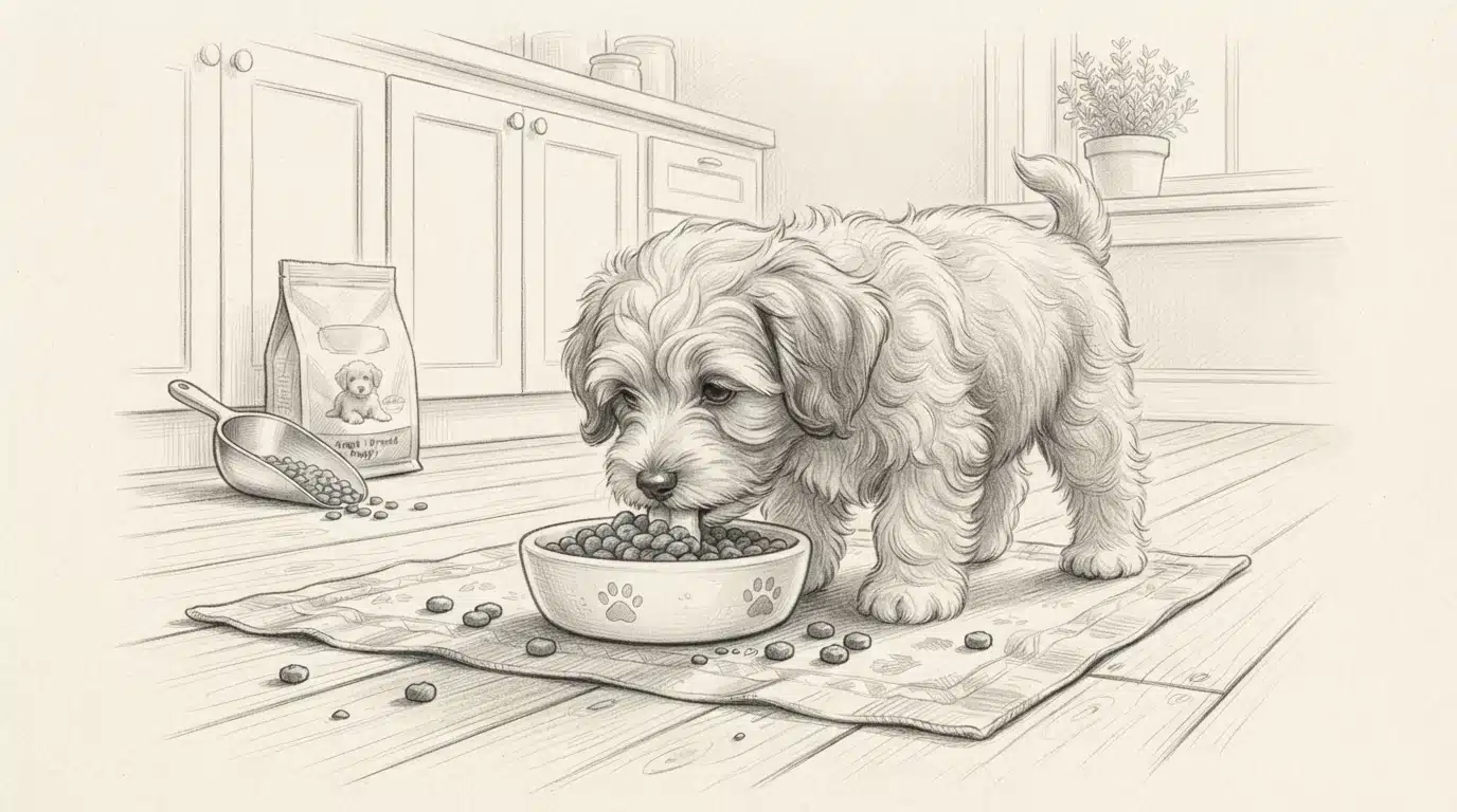 Havanese puppy eating from a shallow bowl