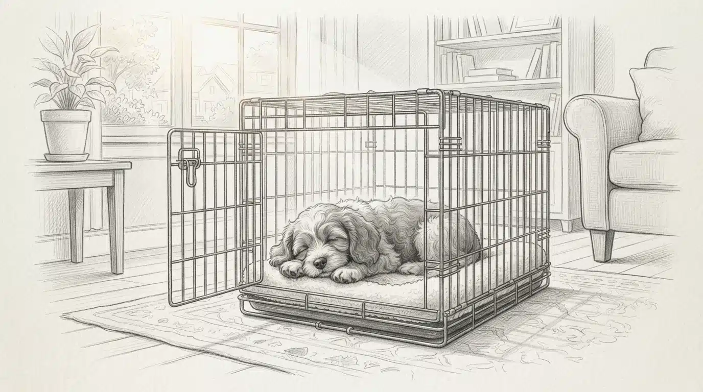 Cavapoo puppy resting in crate by window
