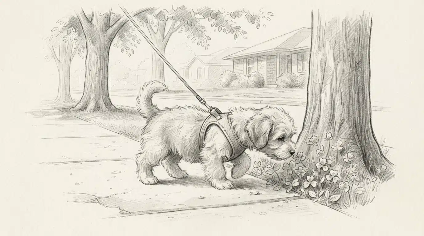 Havanese puppy sniffing along a suburban sidewalk