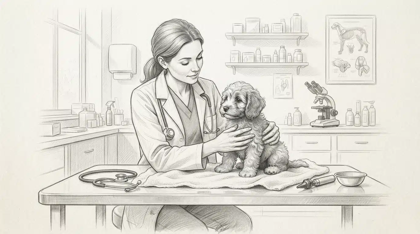 Veterinarian examining a Cavapoo puppy