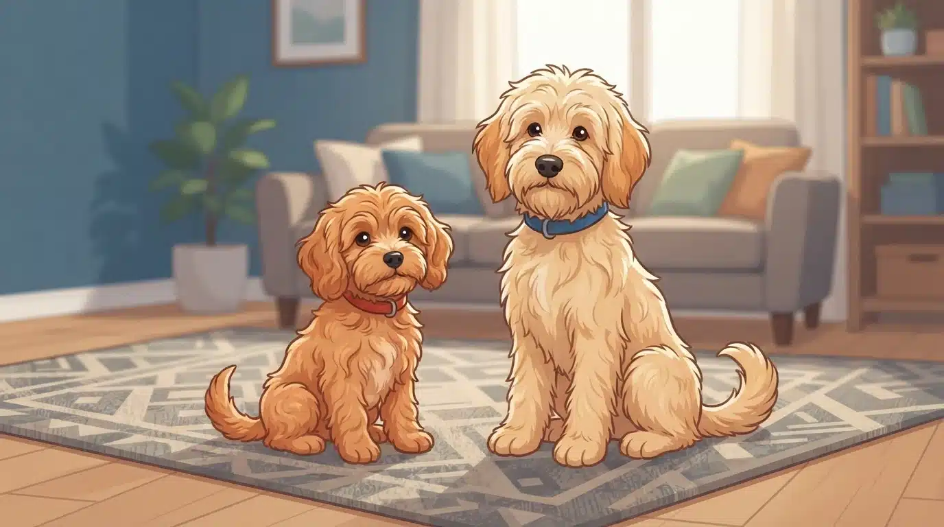 Cavapoo and Mini Goldendoodle sitting side by side on a living room rug