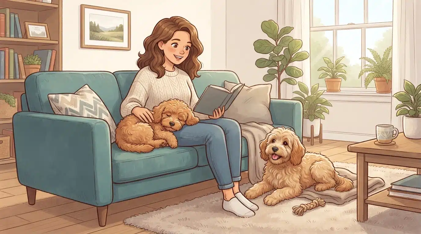 Cavapoo on lap, Goldendoodle nearby