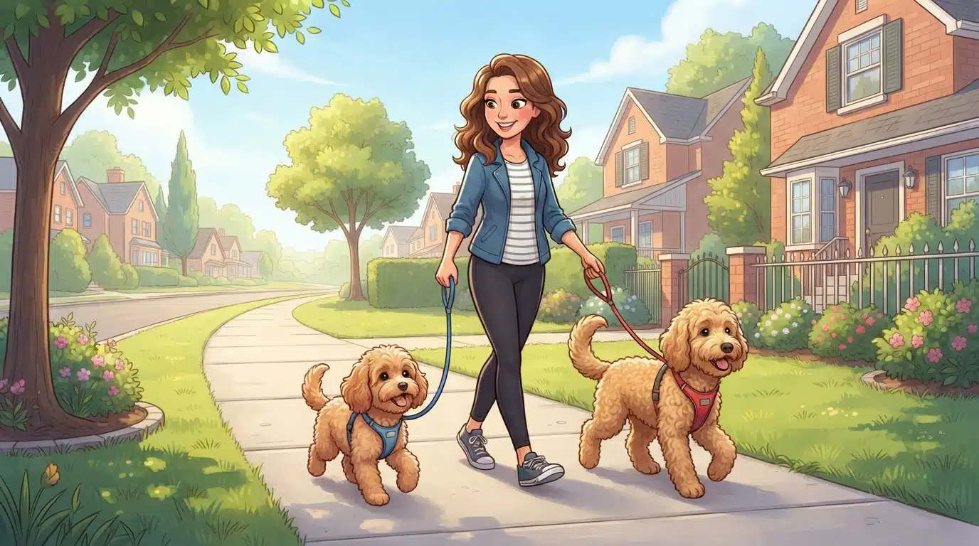 Two cartoon dogs being walked on a sunny sidewalk