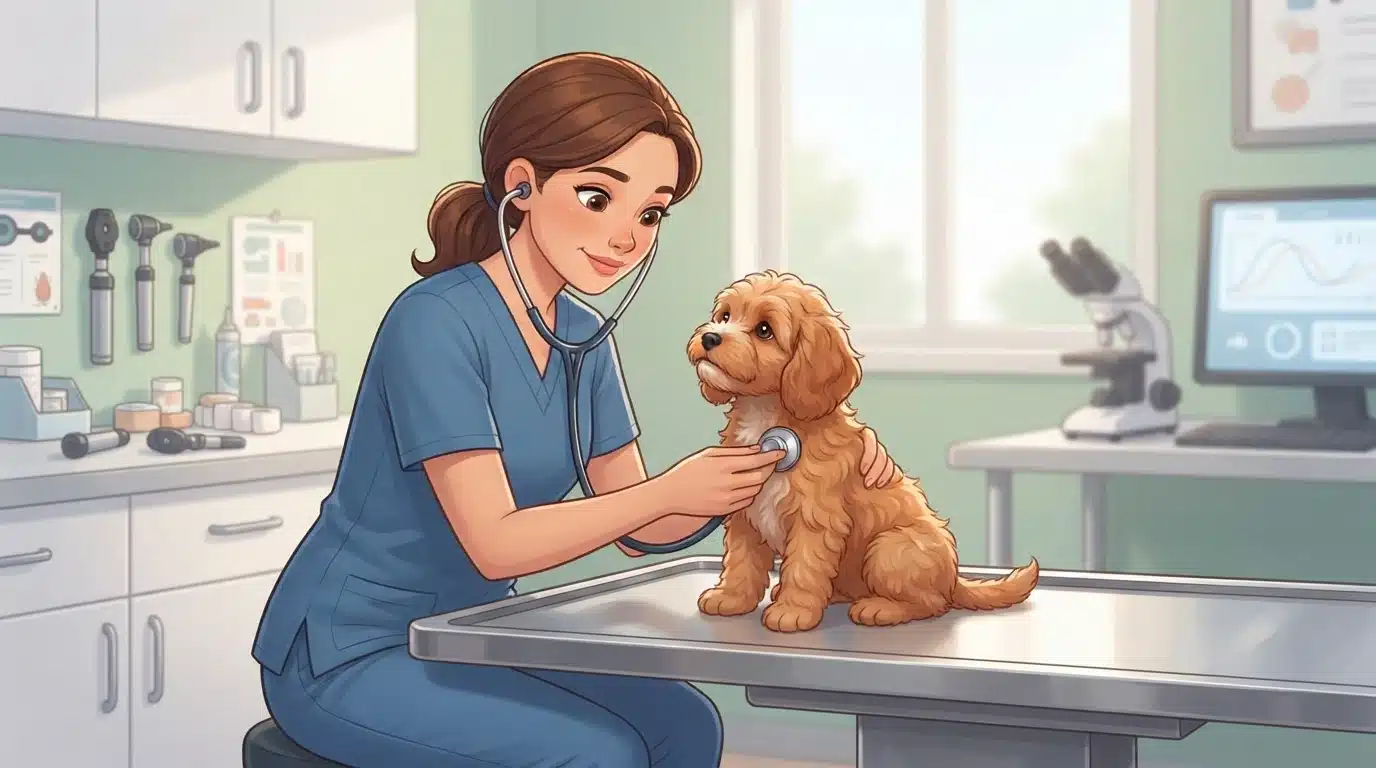 Veterinarian examining a Cavapoo puppy