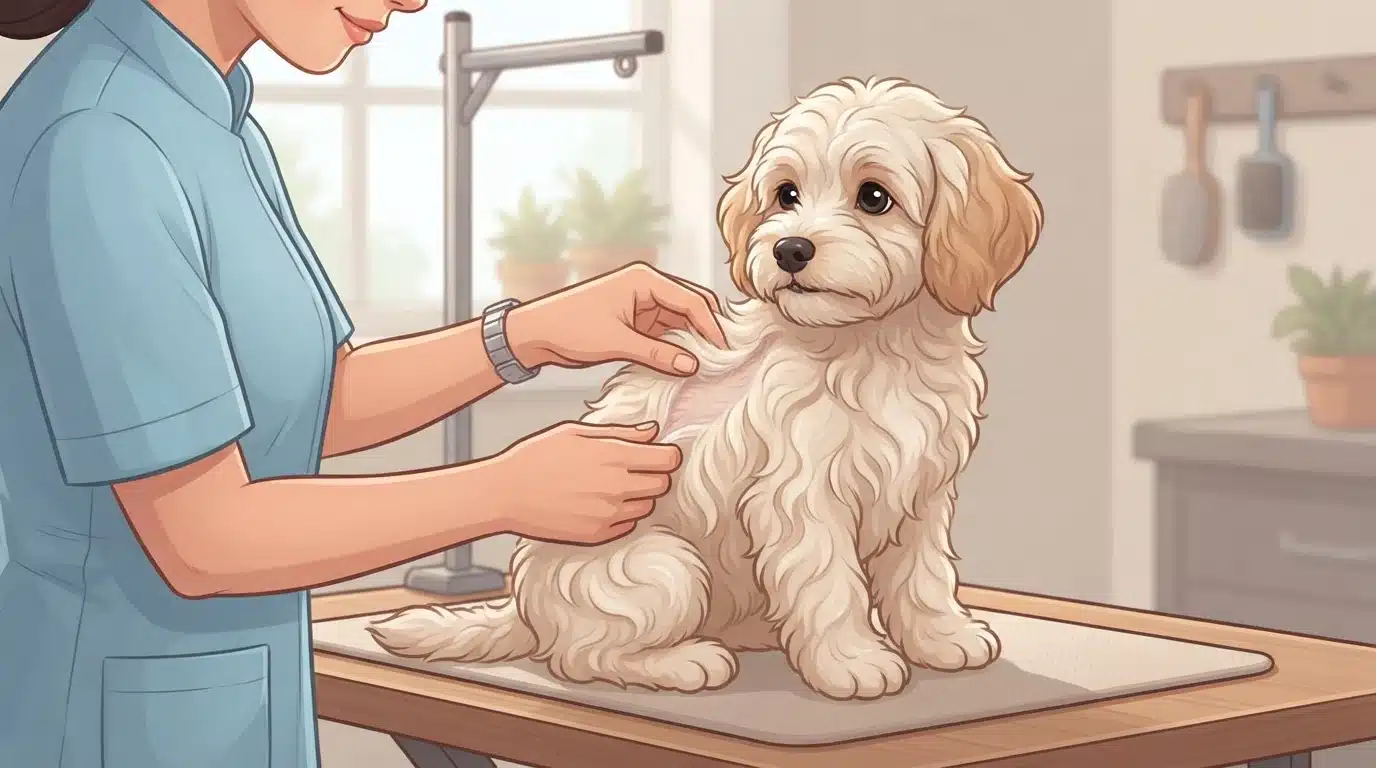 Hands parting a cream Havapoo's wavy coat