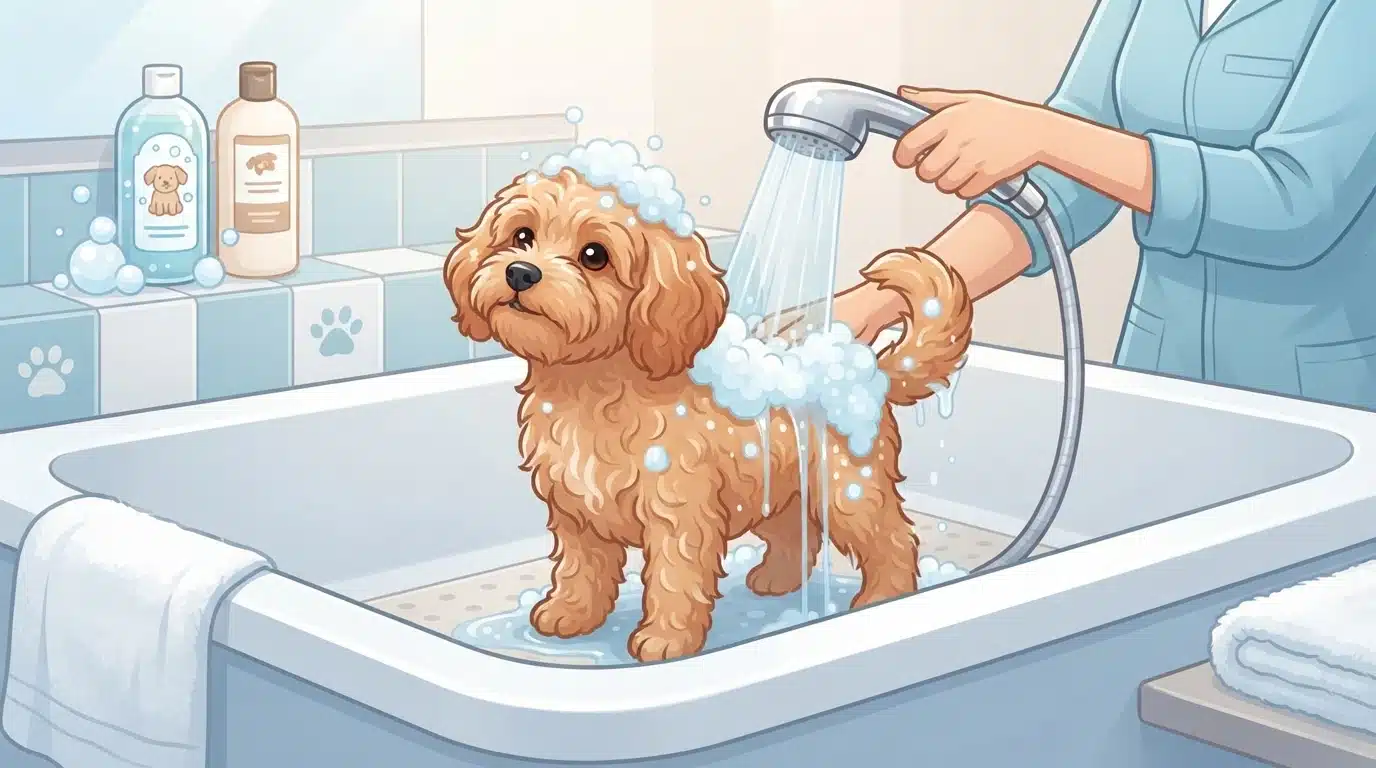 Fluffy Havapoo puppy bathed in shallow white tub