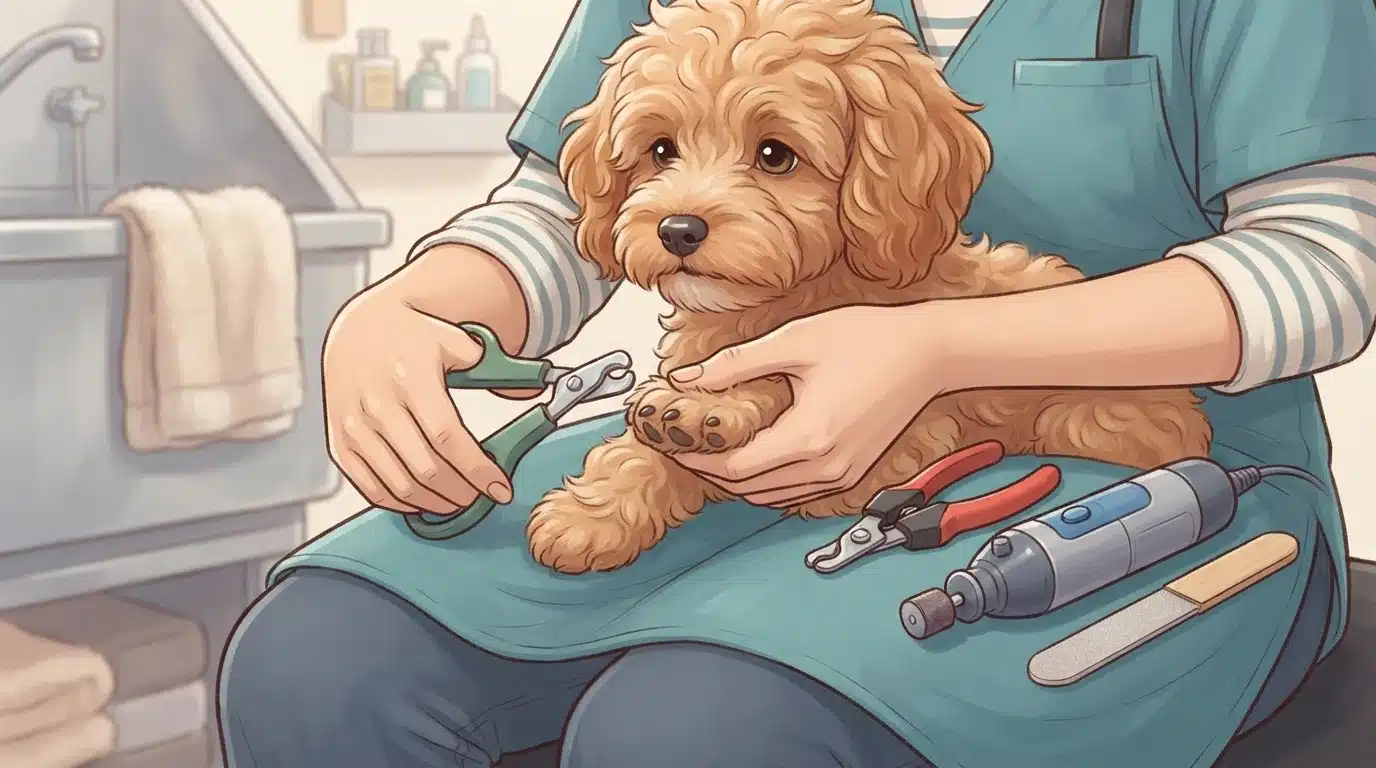 Havapoo puppy paws resting on a groomer's lap