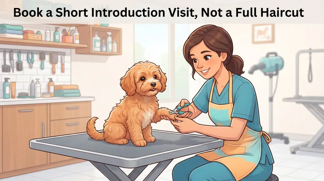 Groomer gently handling calm Havapoo puppy on table