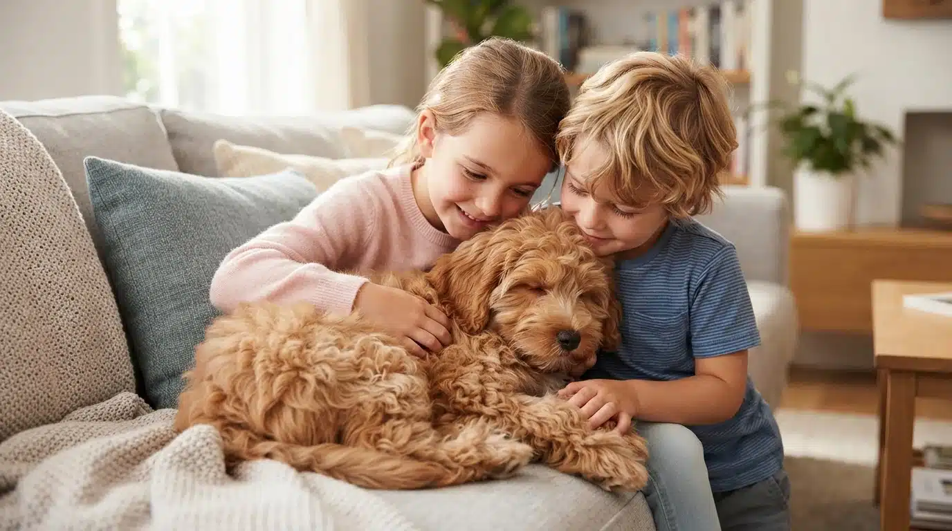 Cavapoo puppy cuddling with children
