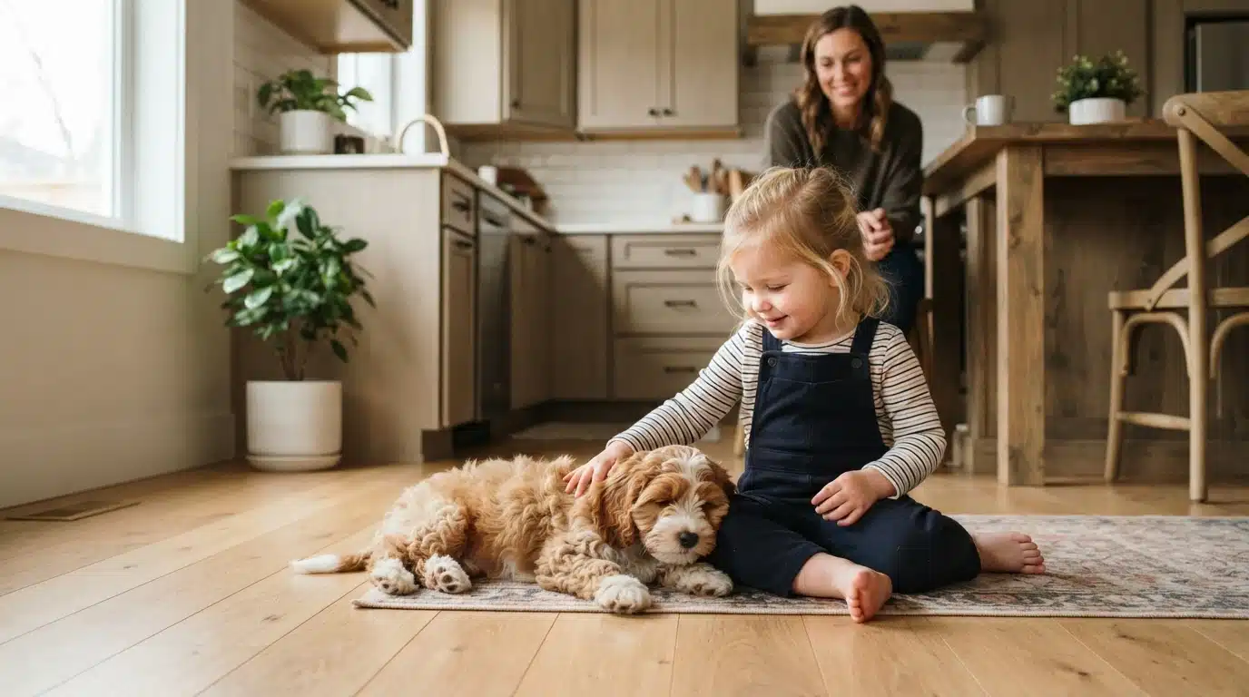 Cavapoo puppy resting beside toddler on sunlit kitchen floor