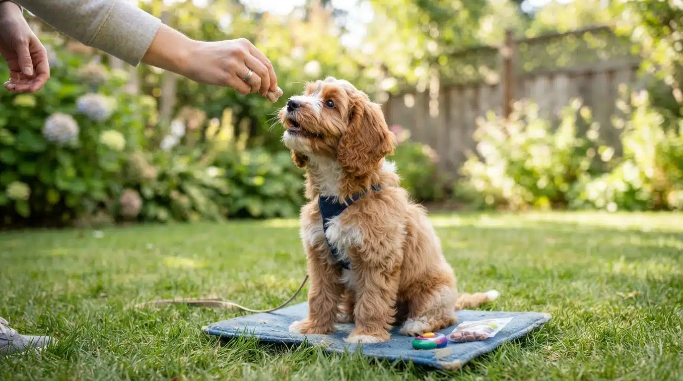 Cavapoo puppy receiving a training treat