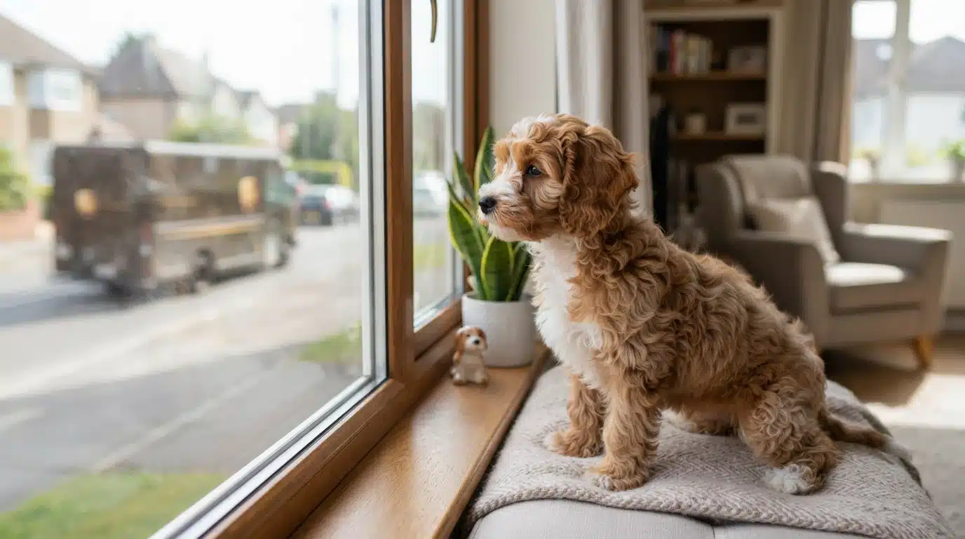 Cavapoo puppy alert at the window
