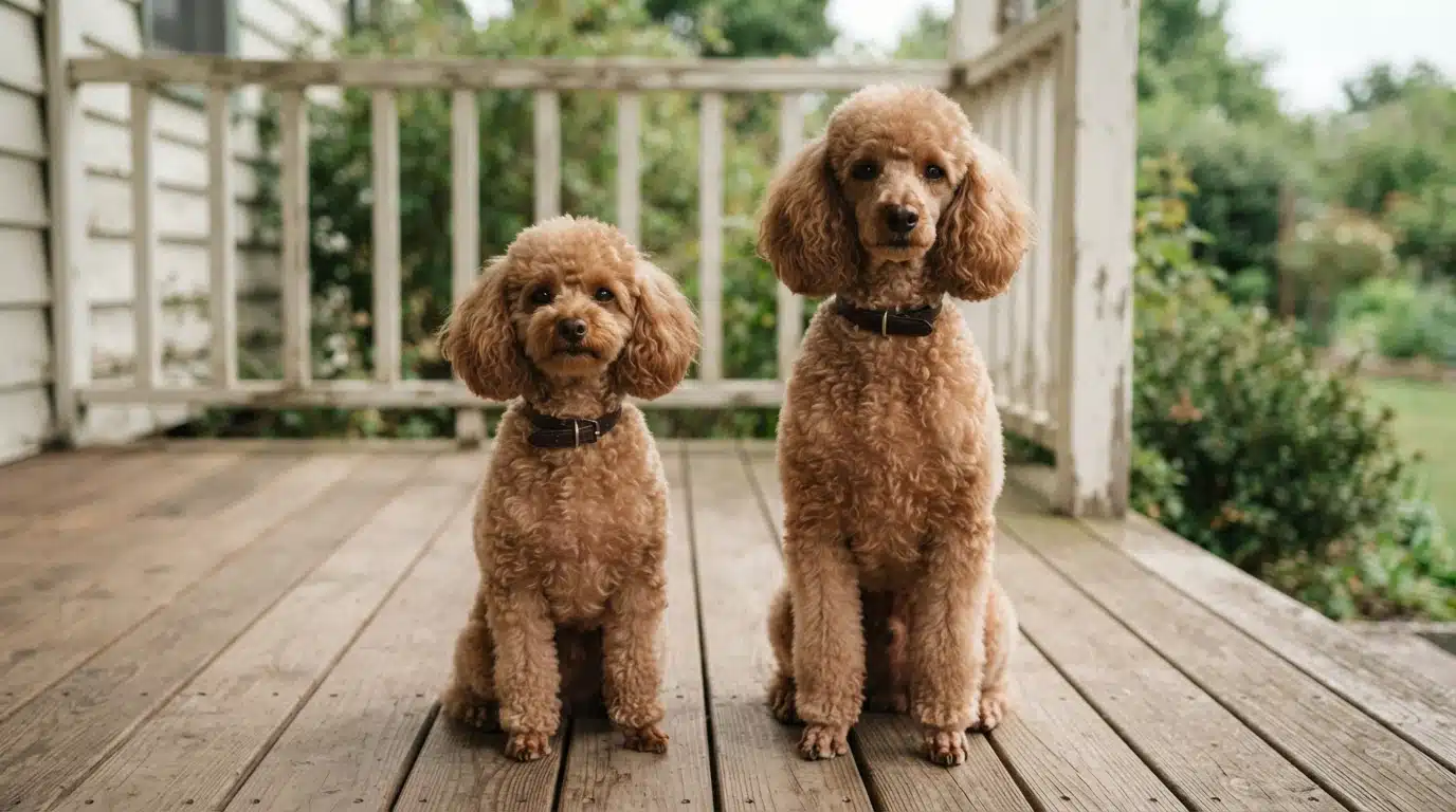 Toy and miniature poodles sitting on a wooden porch