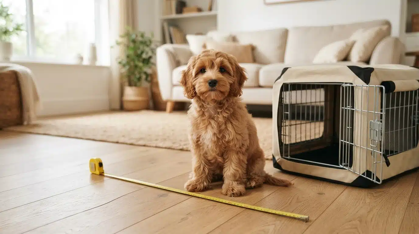 Miniature cavapoo puppy beside crate and tape measure