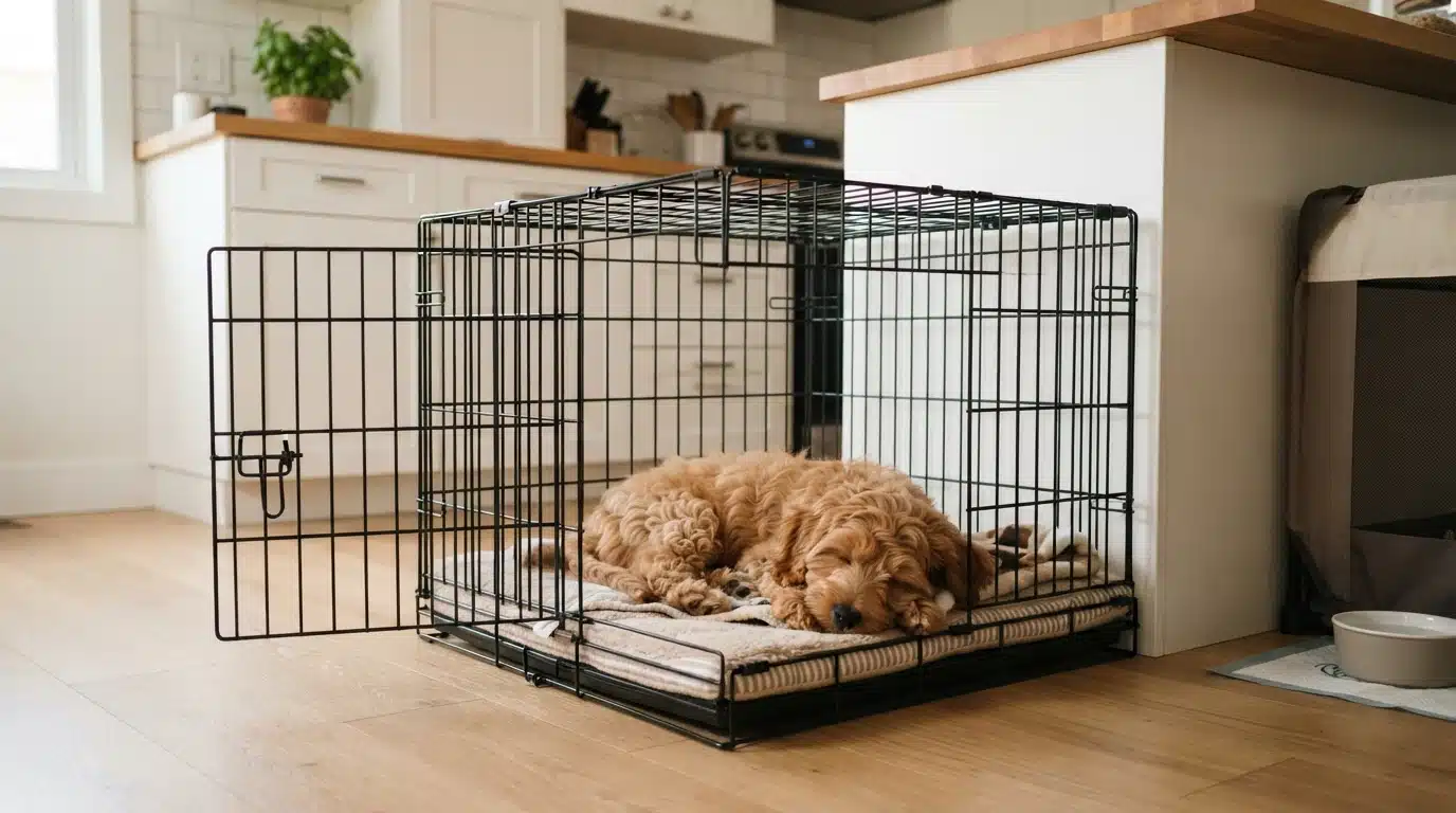 Cavapoo puppy resting inside a properly sized wire crate