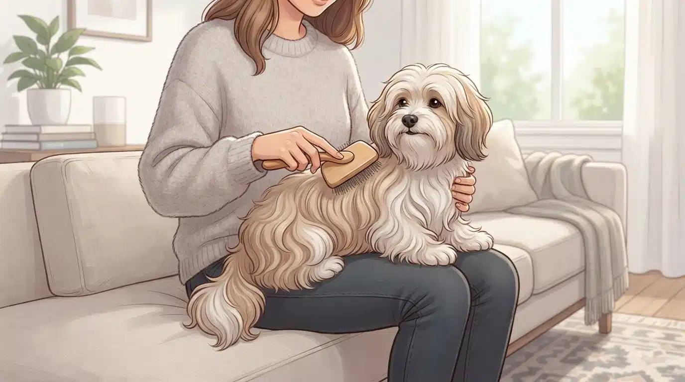 Havanese being brushed on a living room sofa