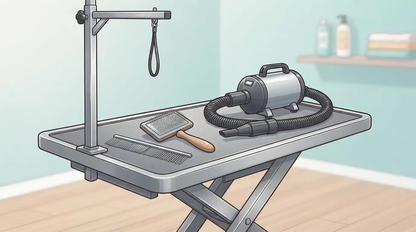 Grooming table with brush, comb, and dog blow dryer