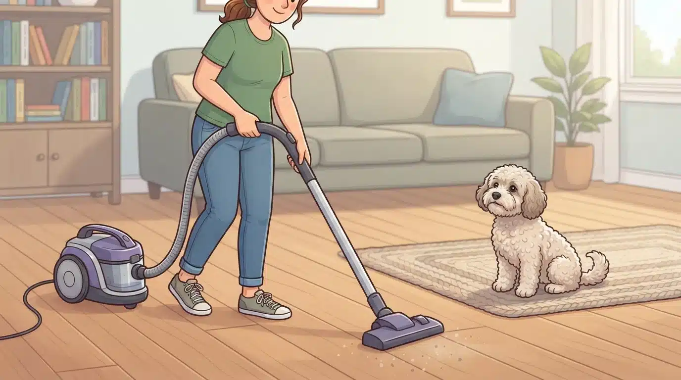Person vacuuming hardwood floor near small dog
