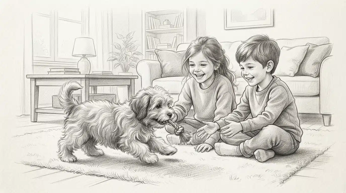 Pencil sketch of Havanese puppy playing with kids