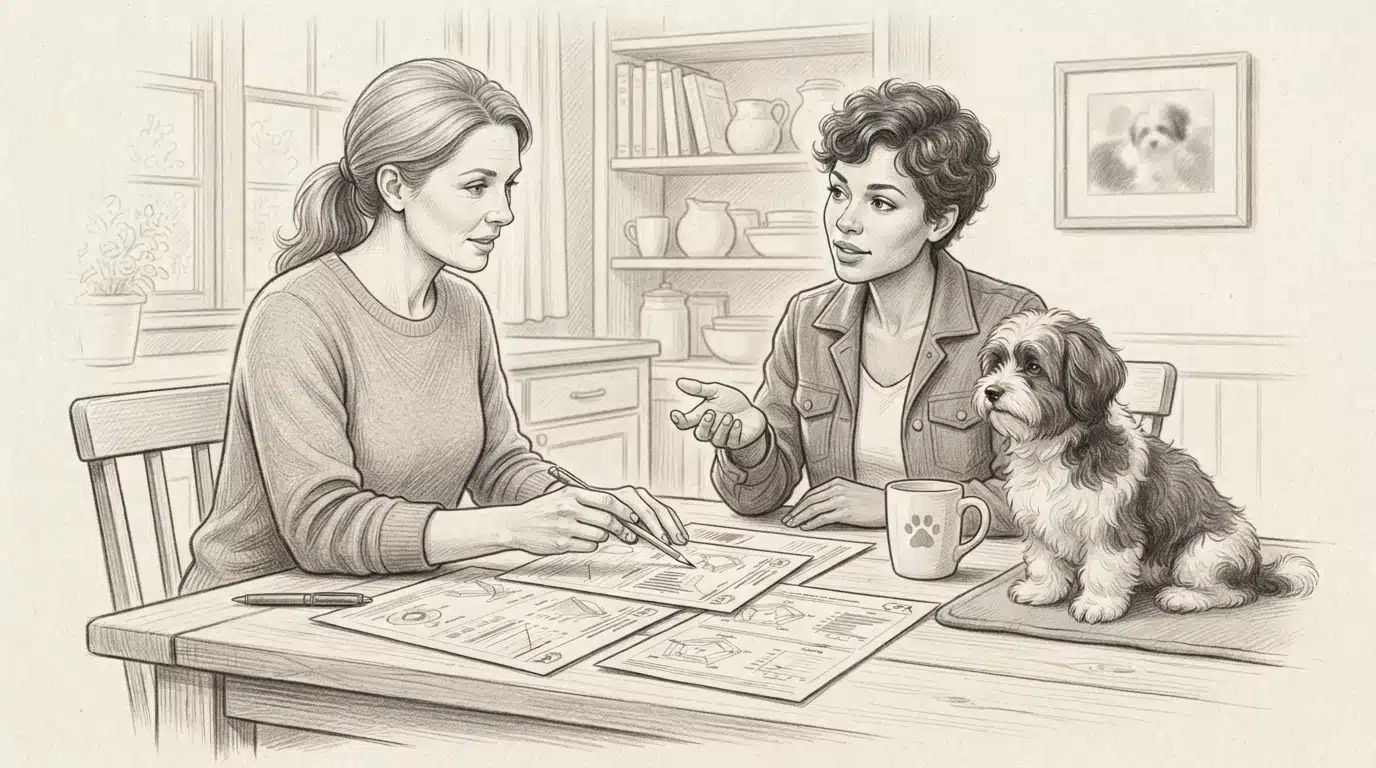 Breeder reviewing puppy health records at kitchen table
