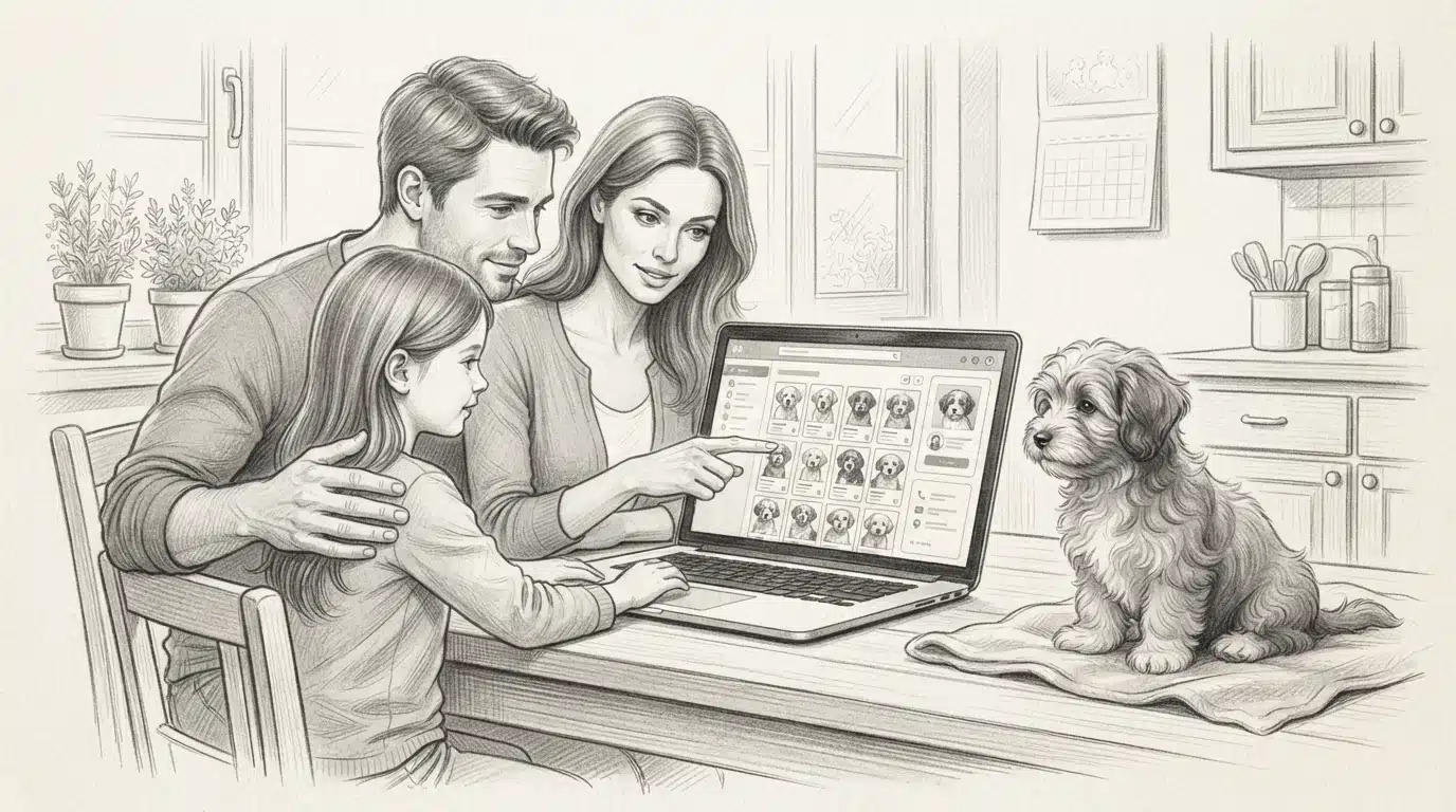 Family browsing listings with Havanese puppy