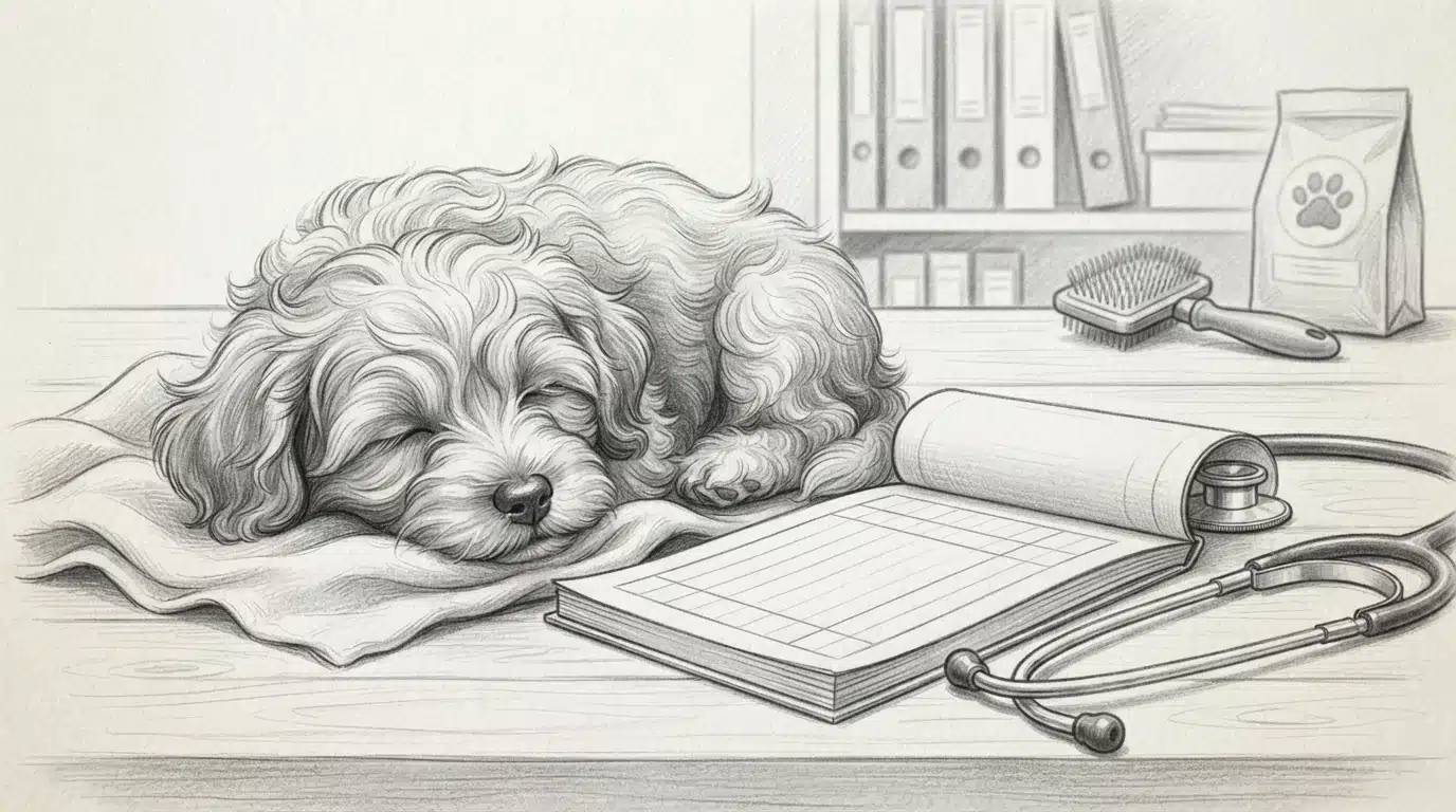 Havanese puppy beside receipt and stethoscope