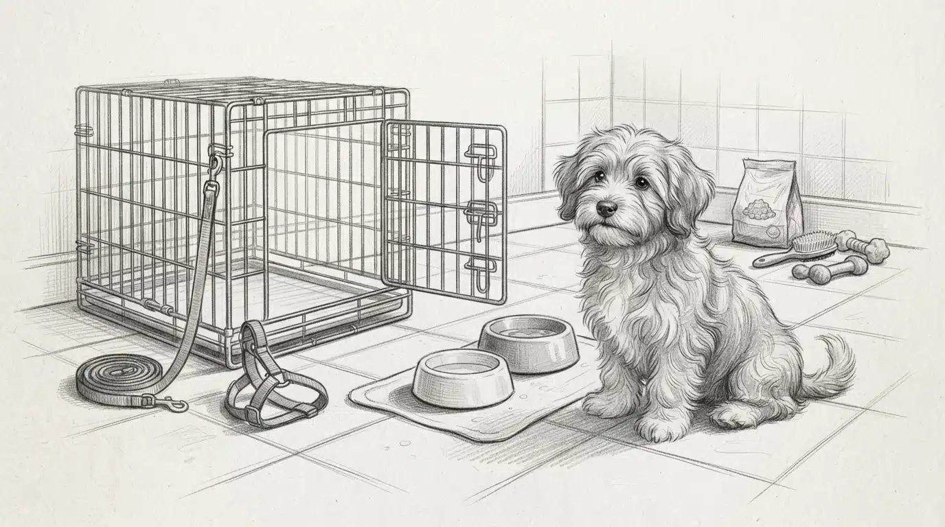 Havanese puppy beside starter crate and bowls