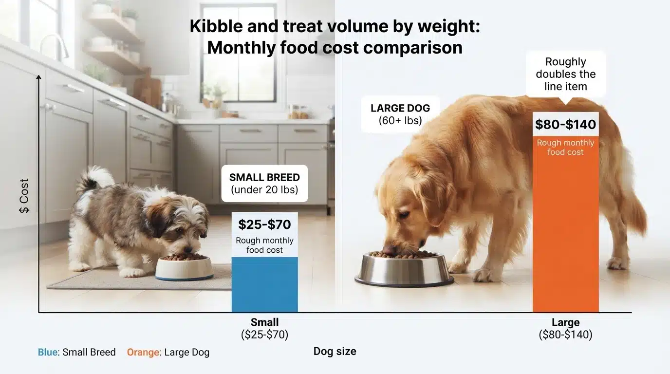 Side-by-side bar chart comparing monthly food costs by dog size