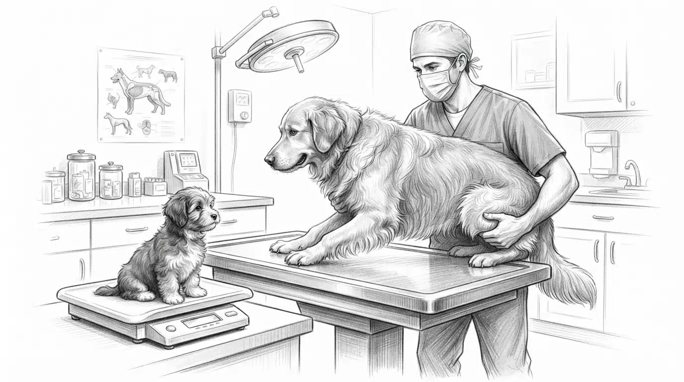 Vet lifting a large dog onto the exam table