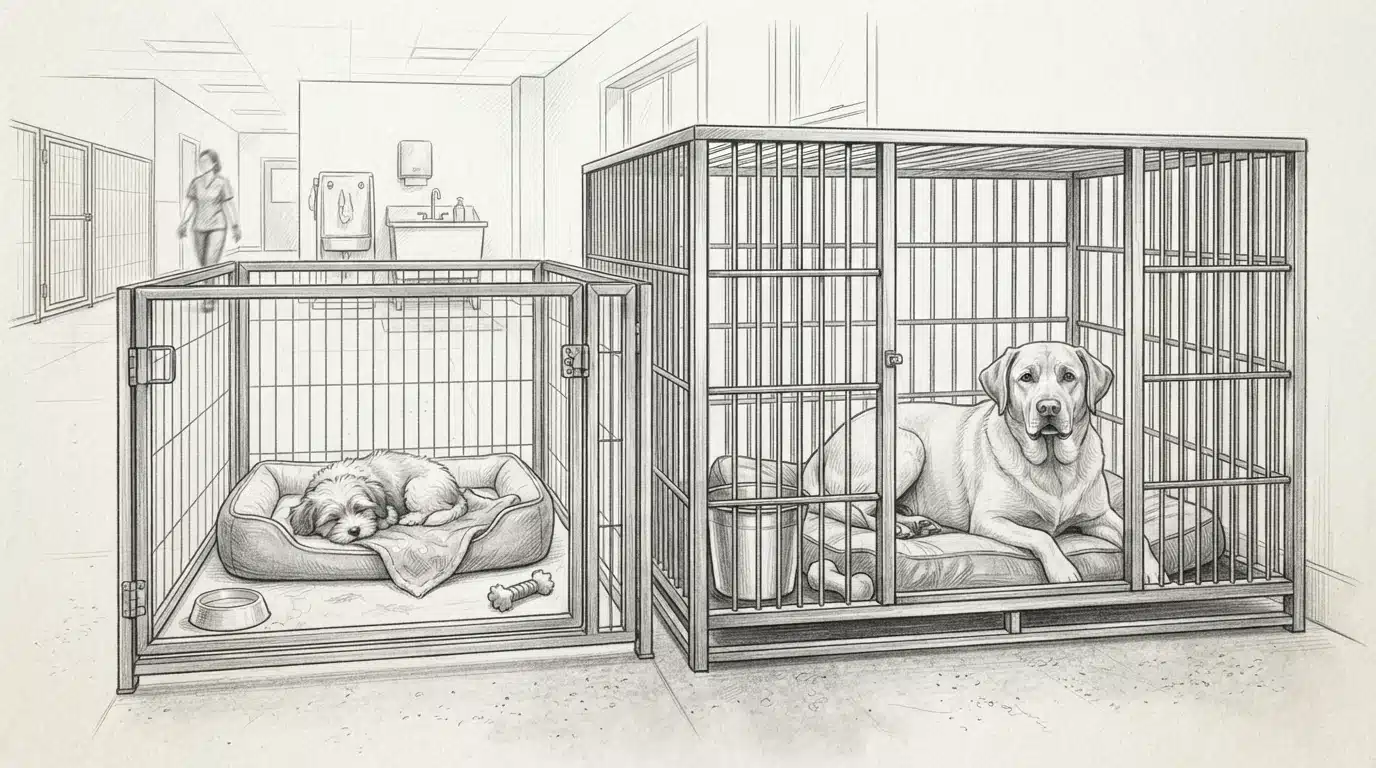 Small Havanese puppy beside a large dog crate