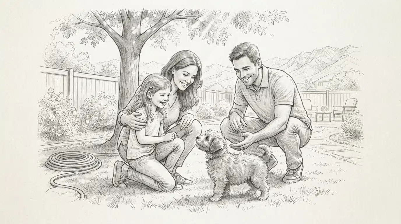 Family meeting a fluffy puppy in a backyard