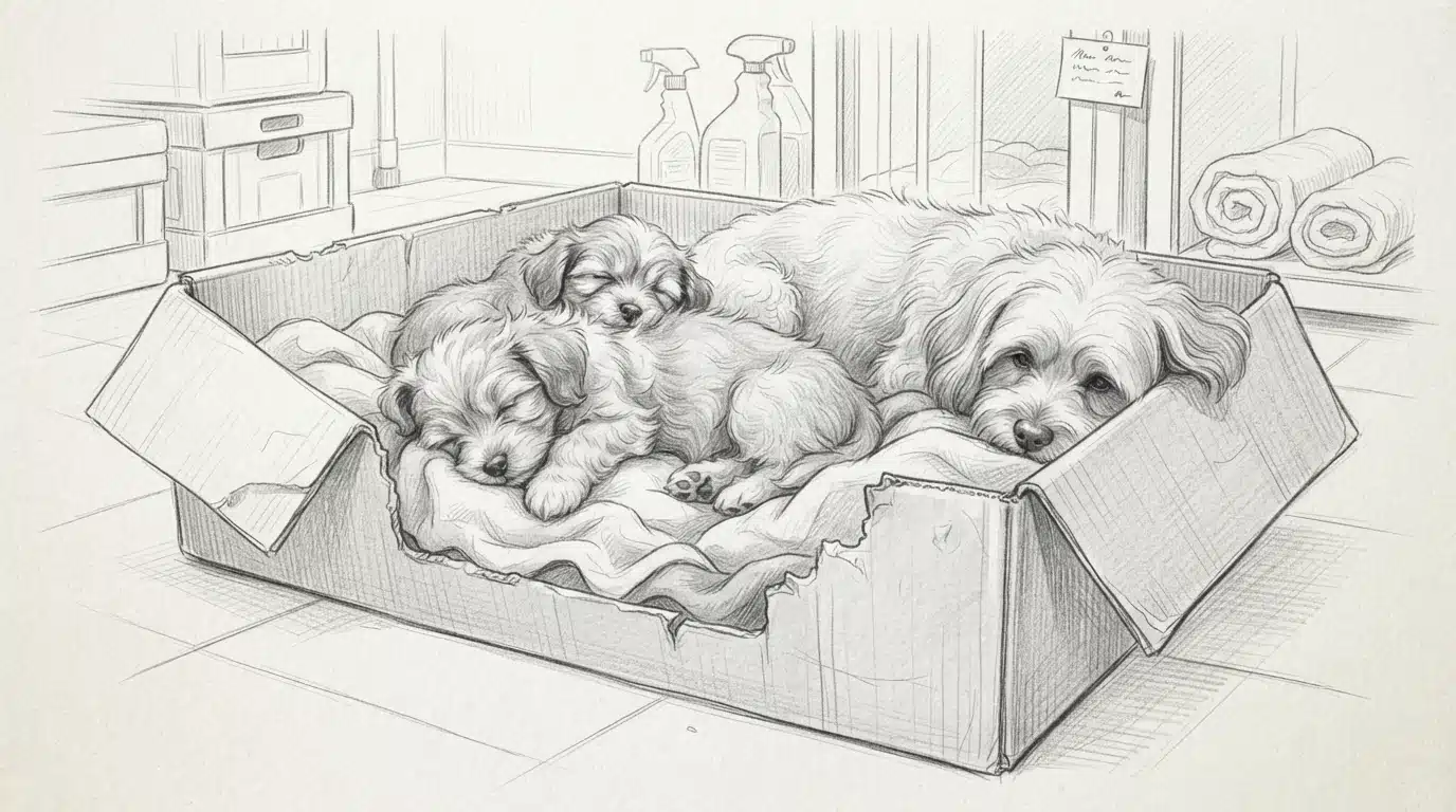 Havanese puppies resting in a whelping box