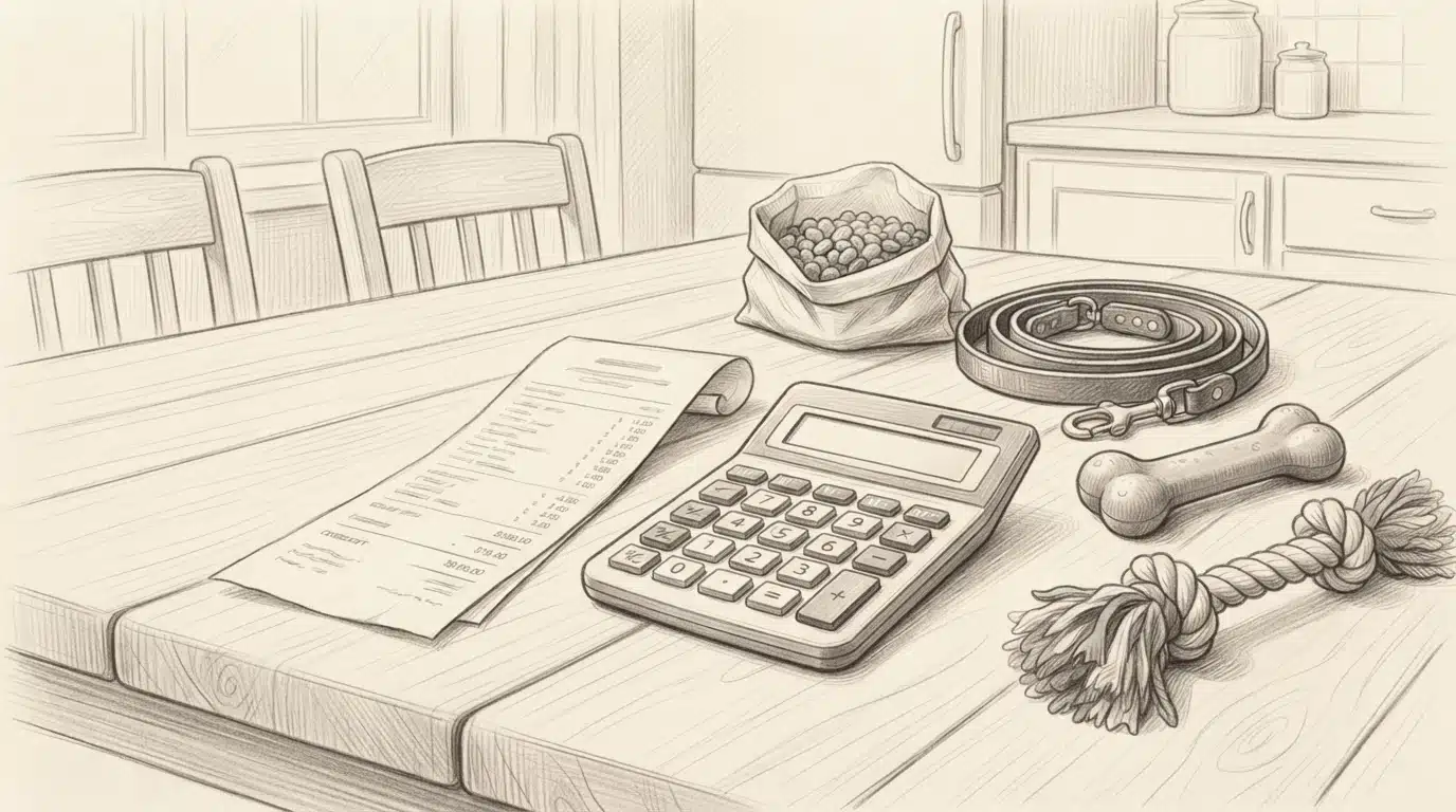 Receipt and calculator beside puppy supplies on a kitchen table