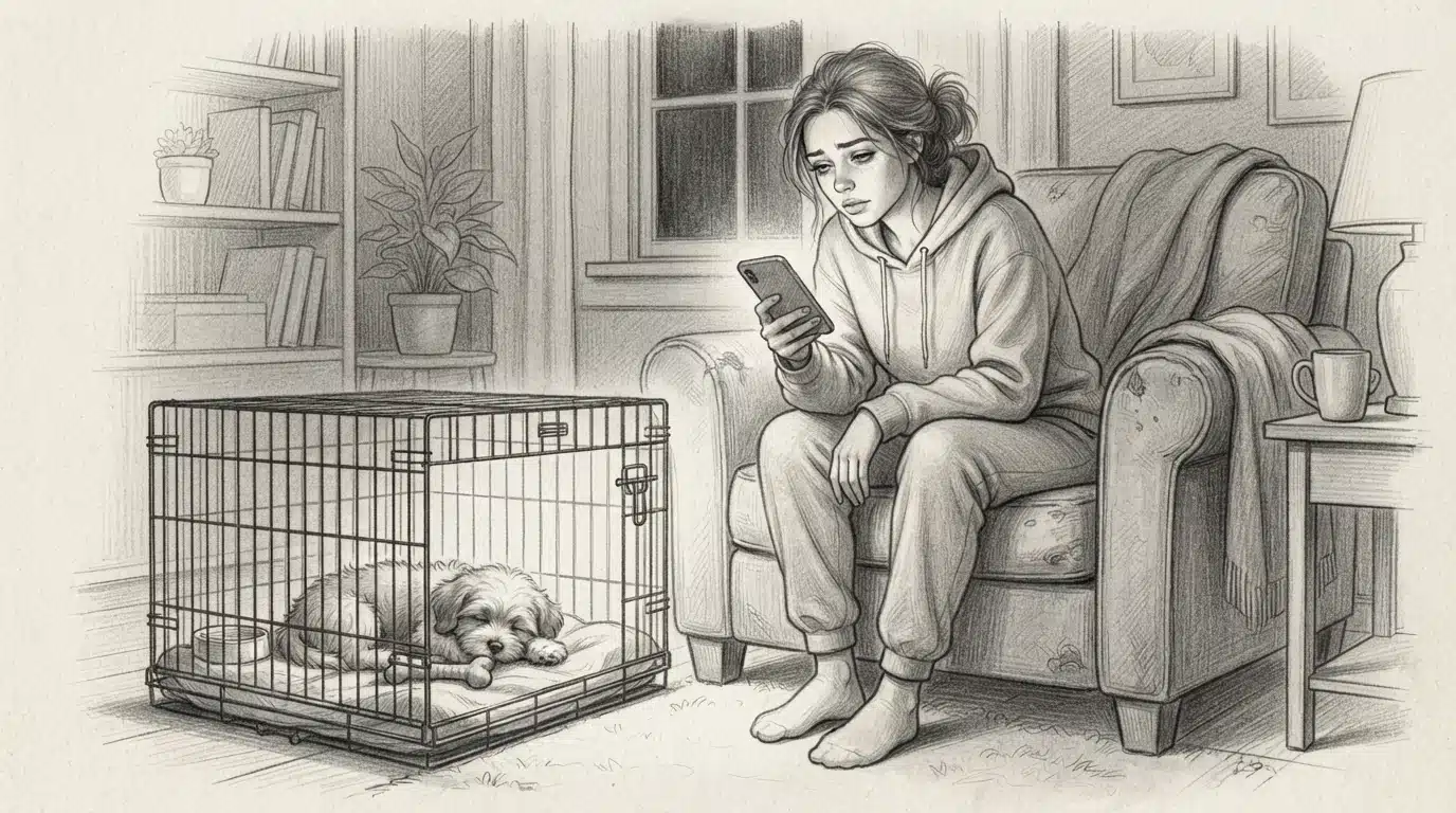 Owner texting late with puppy resting nearby