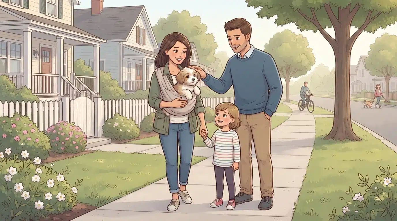 Family carrying a fluffy puppy in a soft carrier on a quiet sidewalk