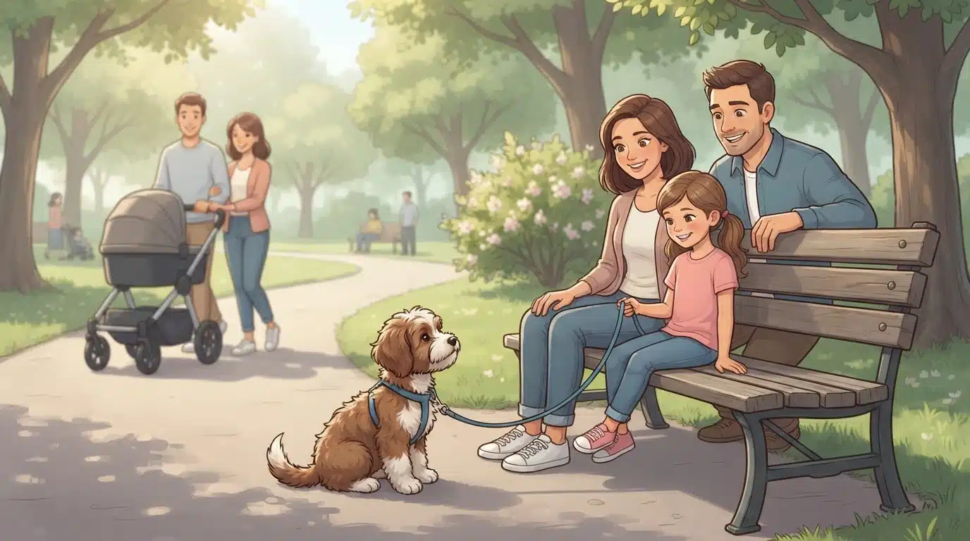 Havapoo puppy watching a stroller from a park bench