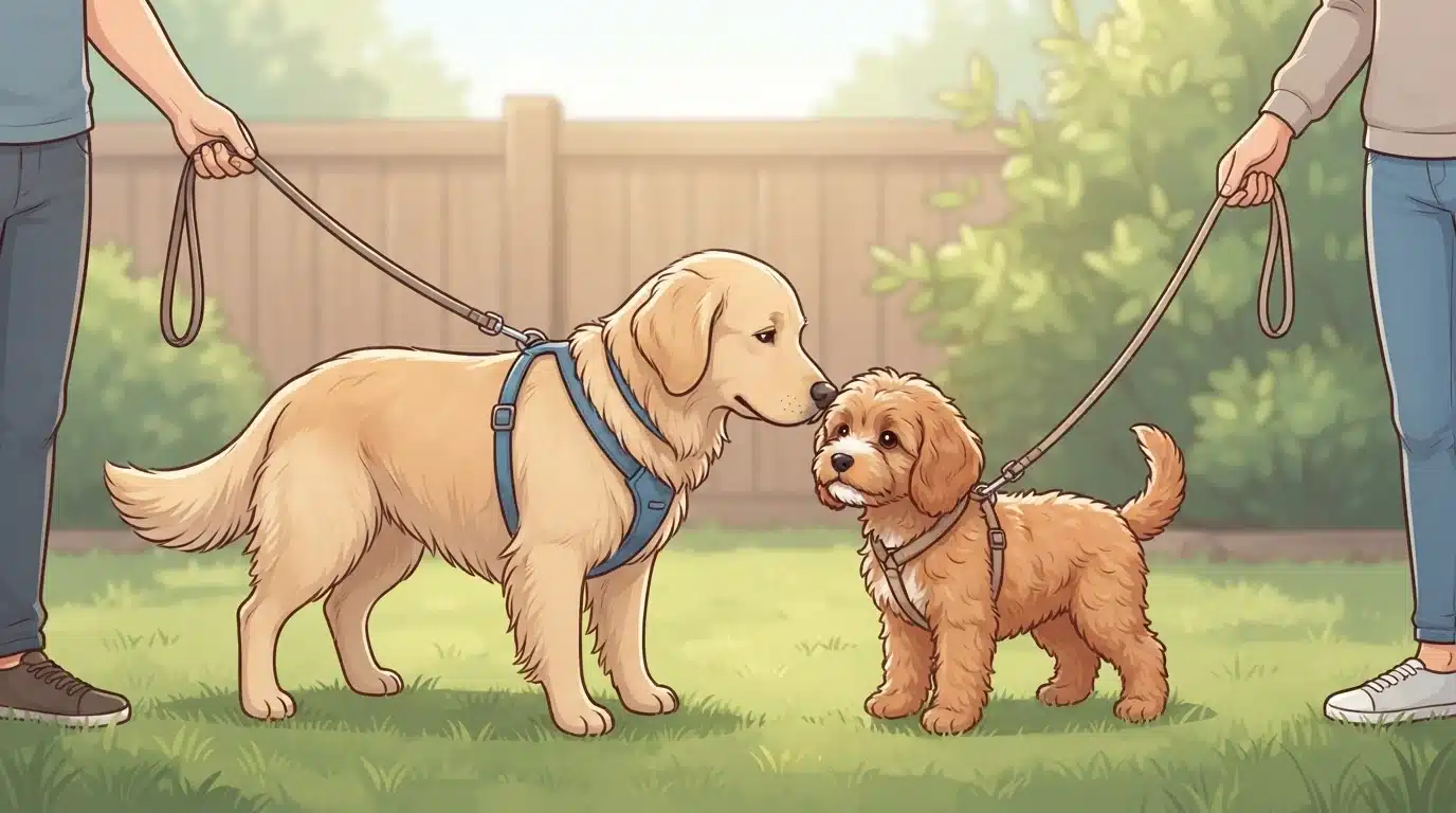 Two leashed dogs meeting calmly in a backyard