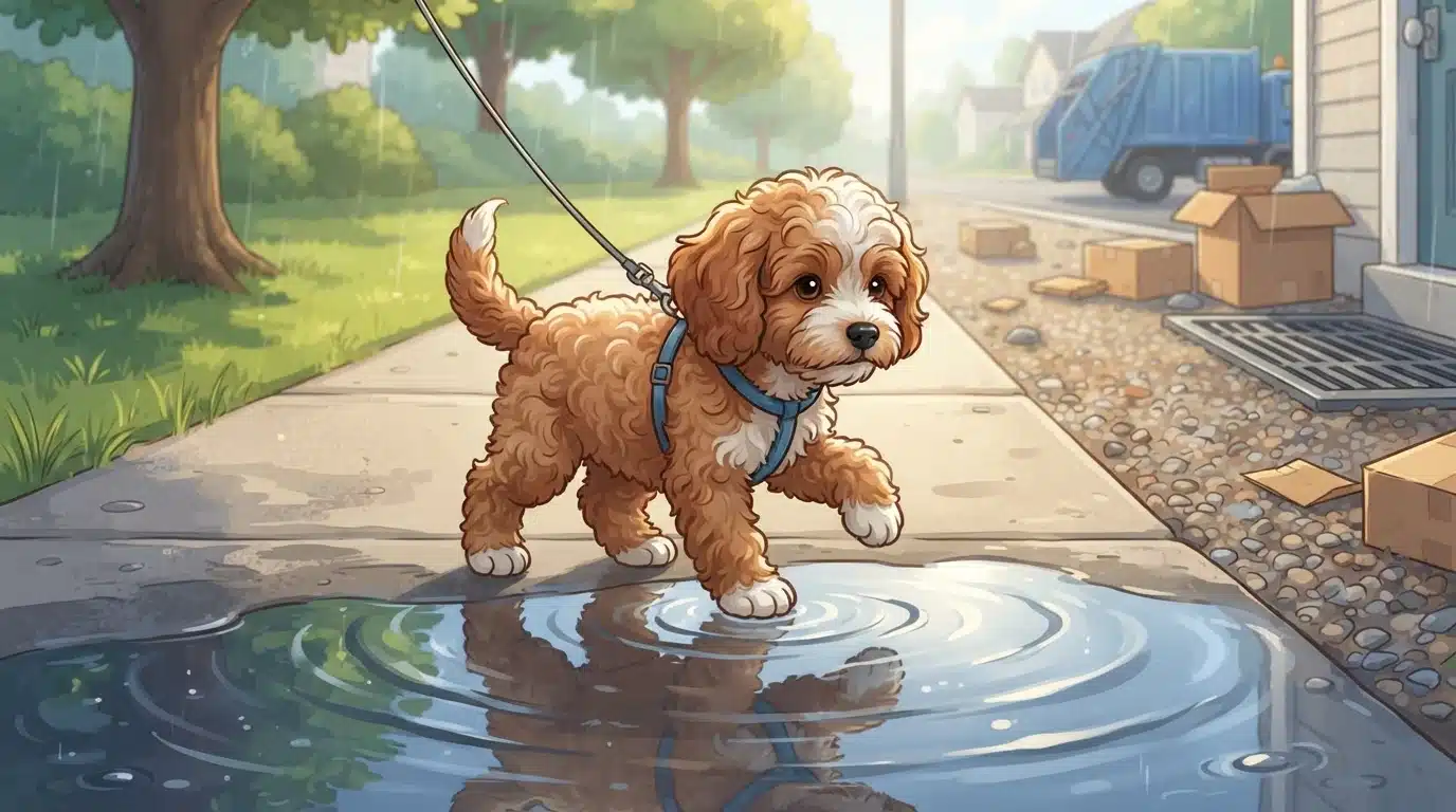 Cavapoo puppy stepping through a sunny puddle