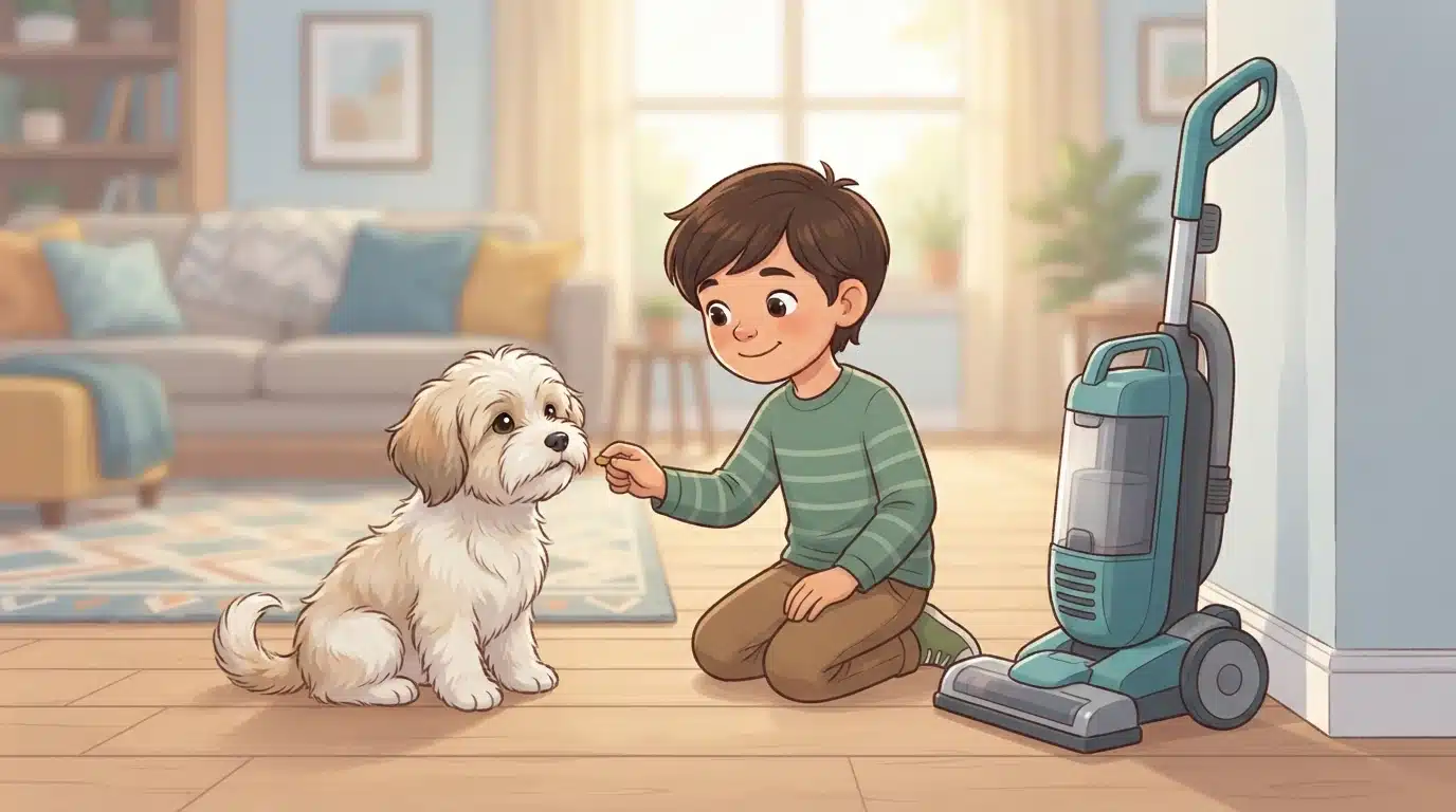 Havanese puppy and child with vacuum