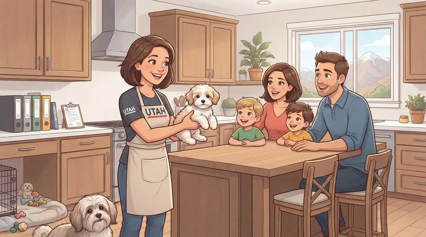 Breeder shows a Havanese puppy to visiting family
